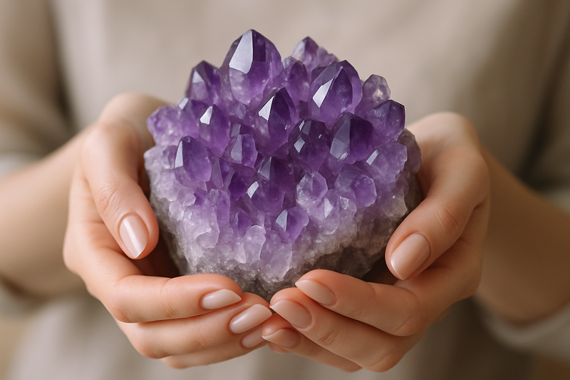 Realistic woman's hands holding a amethyst crystal cluster