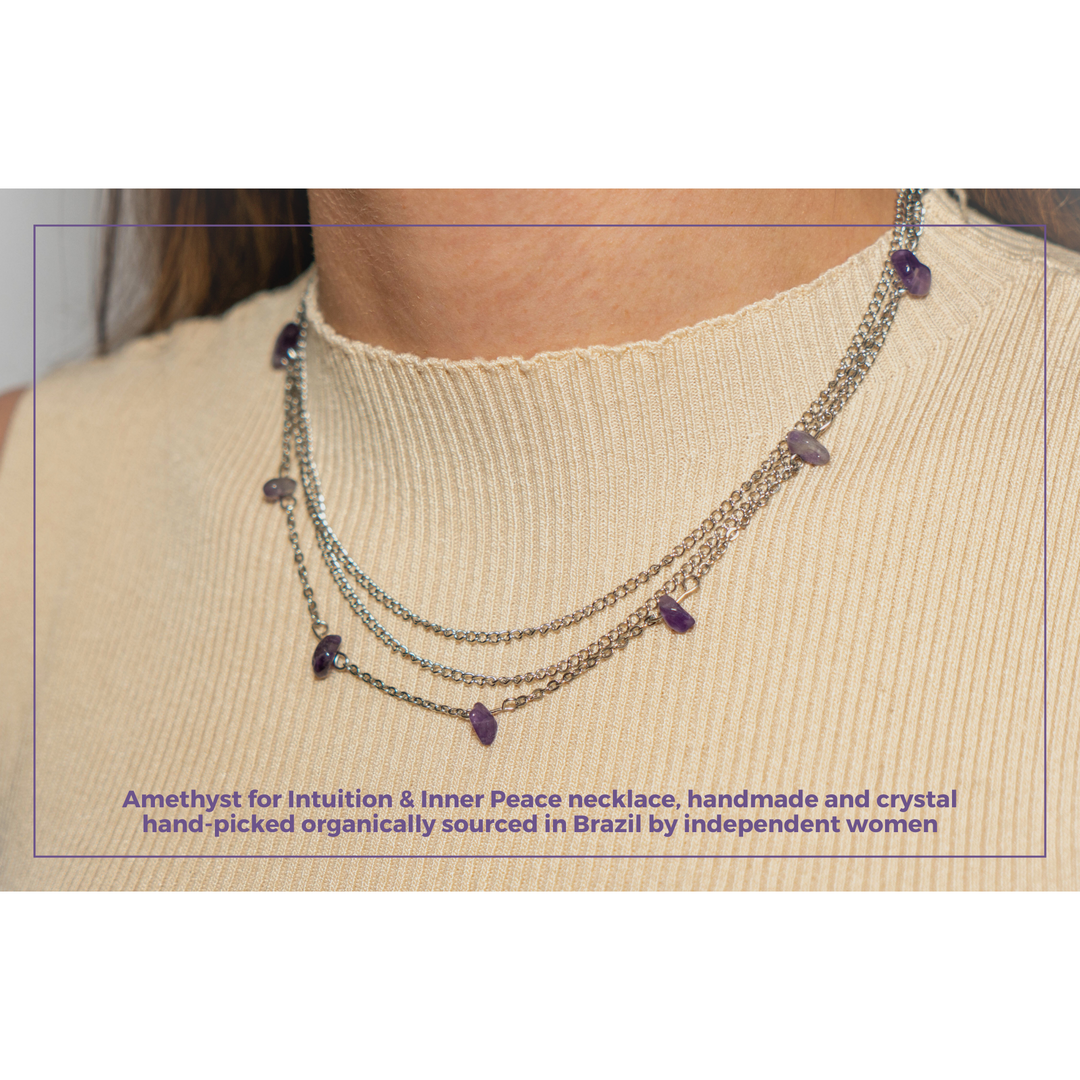 Woman wearing metal chain necklace with amethyst chips